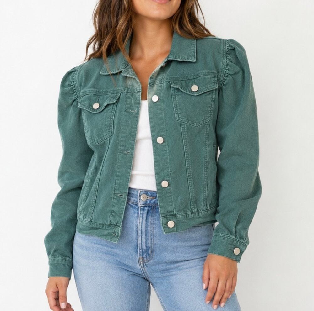 Aaron & Amber Teal Green Corduroy Puff Sleeve Trucker Jacket Size Small